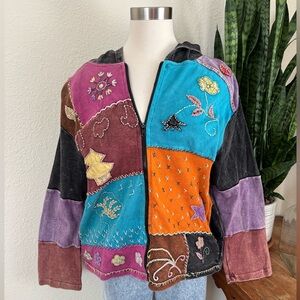 Vintage Patchwork Embroidered Zip‎ Hoodie Multicolor Boho Festival Jacket medium